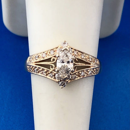 Stunning 14K Yellow Gold Marquise Diamond Solitaire W/Accents Engagement Ring