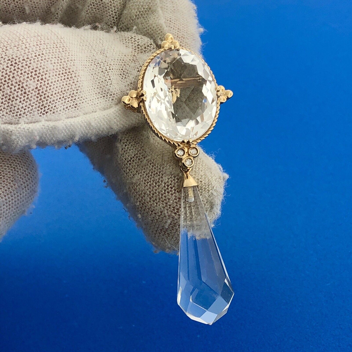 Designer SF 14k Yellow Gold White Amethyst Diamond Accent Prism Enhancer Pendant