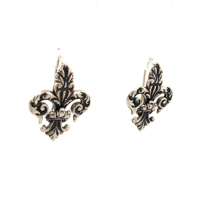 Vintage 925 Sterling Silver Scroll Filigree Textured Fleur De Lis Hook Earrings