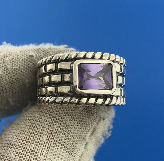 Stunning Sterling Silver 925 Faceted Amethyst Brick Cigar Band Ring Size 8