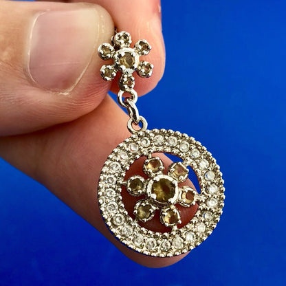 Designer 925 Sterling Silver Topaz Diamond Floral Double Drop Pendant Necklace