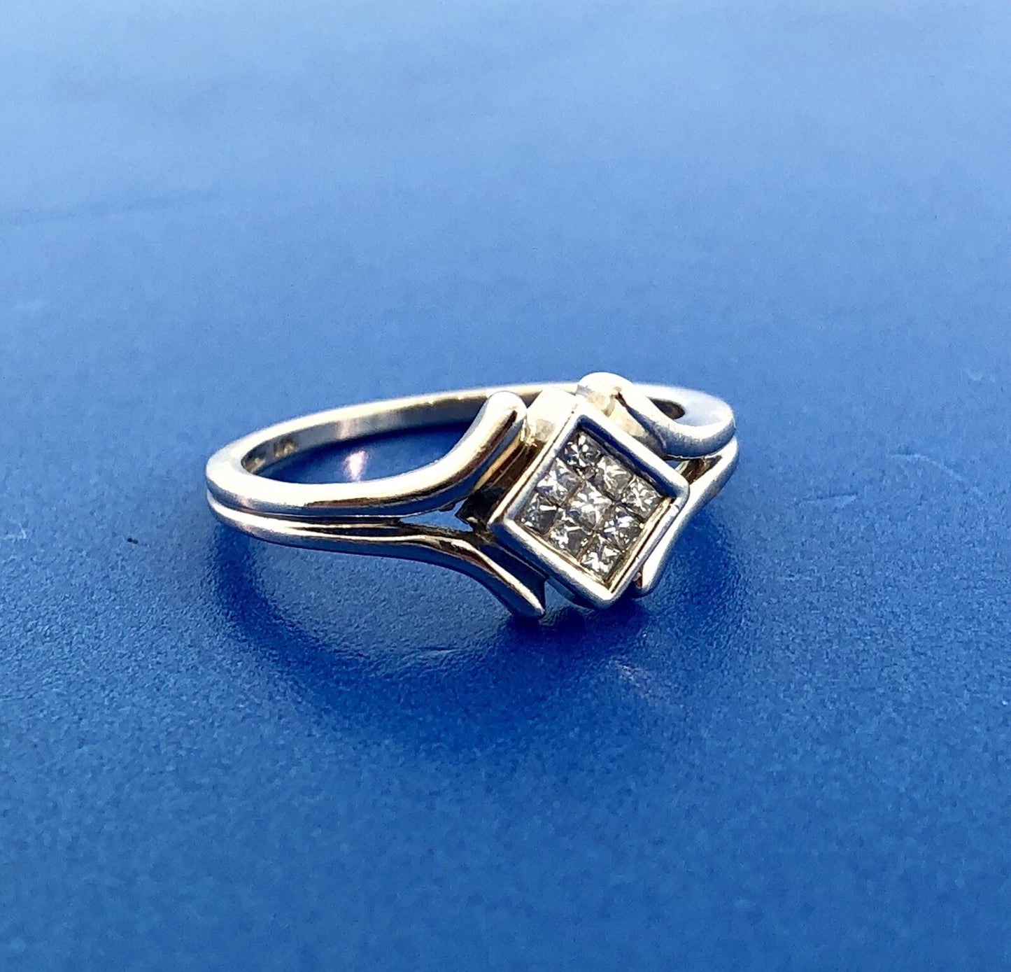 Modernist 14K White Gold Diamond Tension Set Princess Engagement Promise Ring