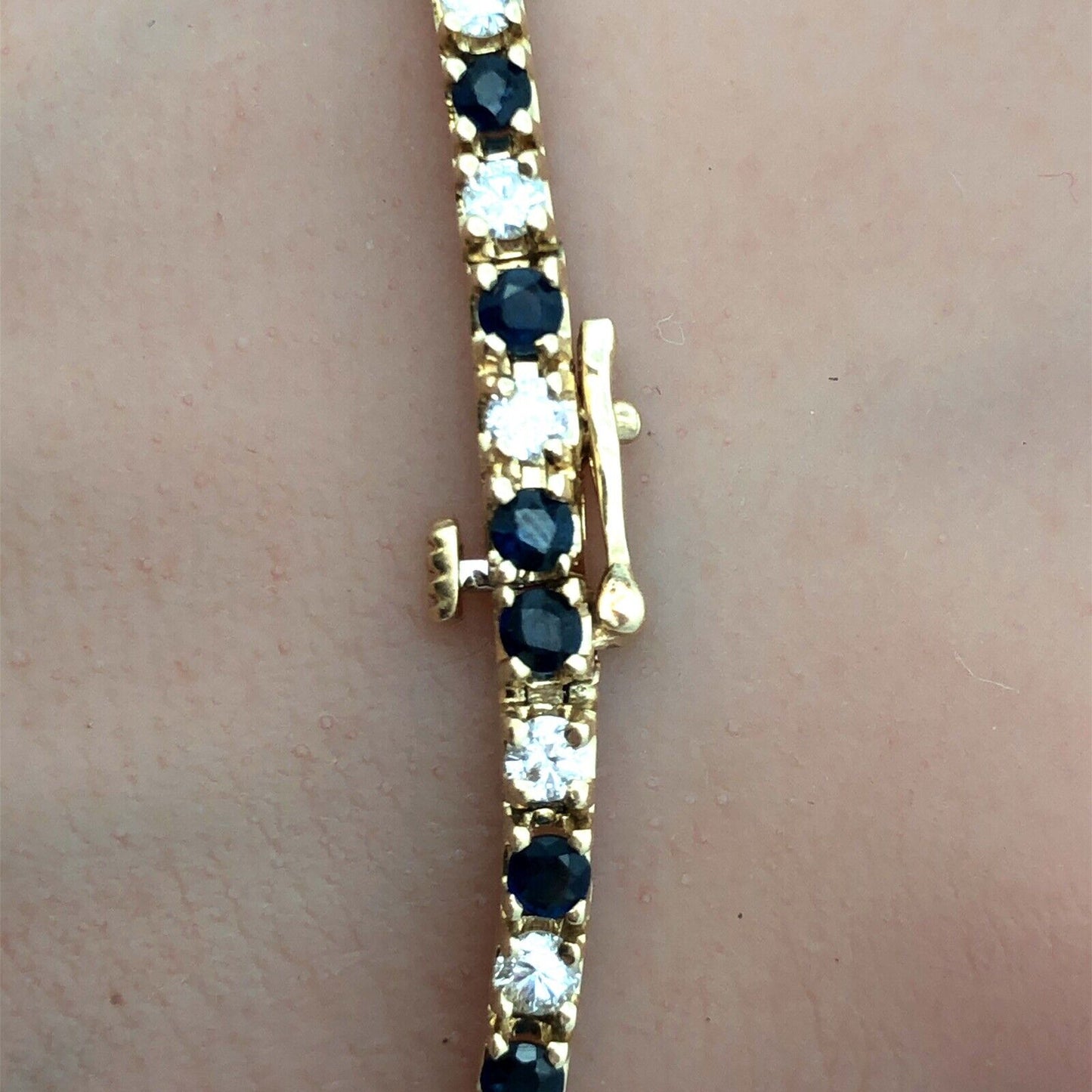 Vintage 14K Yellow Gold Round Blue Sapphire Diamond Statement Tennis Bracelet