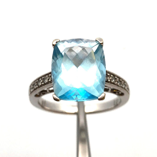 Designer 14K White Gold Radiant Cushion Cut Blue Topaz Diamond Accented Ring