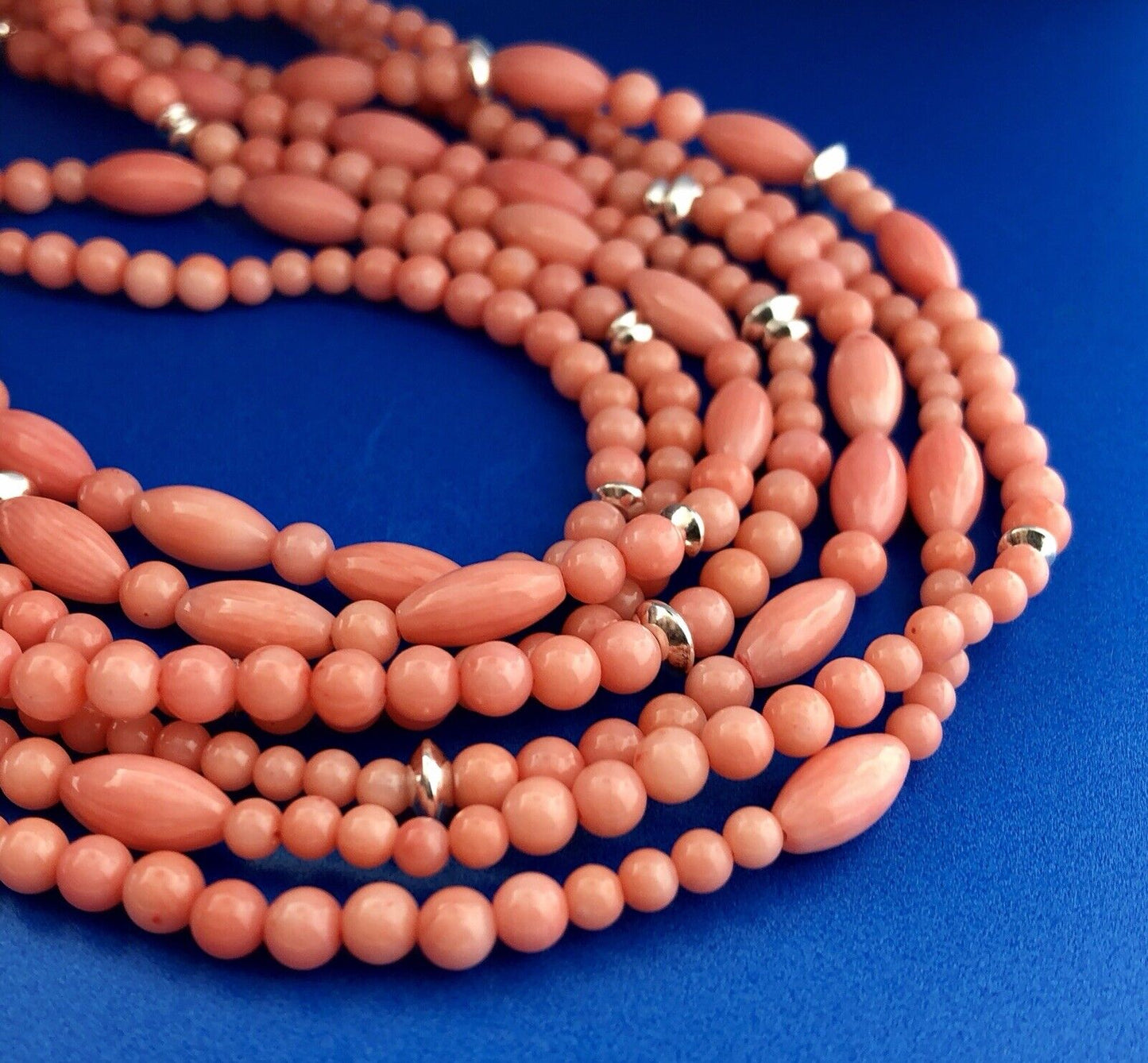 Fantastic Sterling Silver 925 Coral Silver Bead 7 Strand Statement Necklace