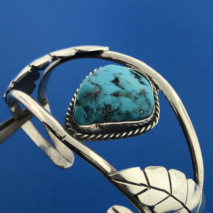 Old Pawn Sterling Silver Chunky Turquoise Cabochon Squash Blossom Cuff Bracelet