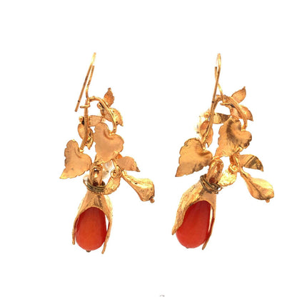 Estate Gold Tone Peach Quartz Rice Pearl Leaf & Vine Statement Drop Earrings