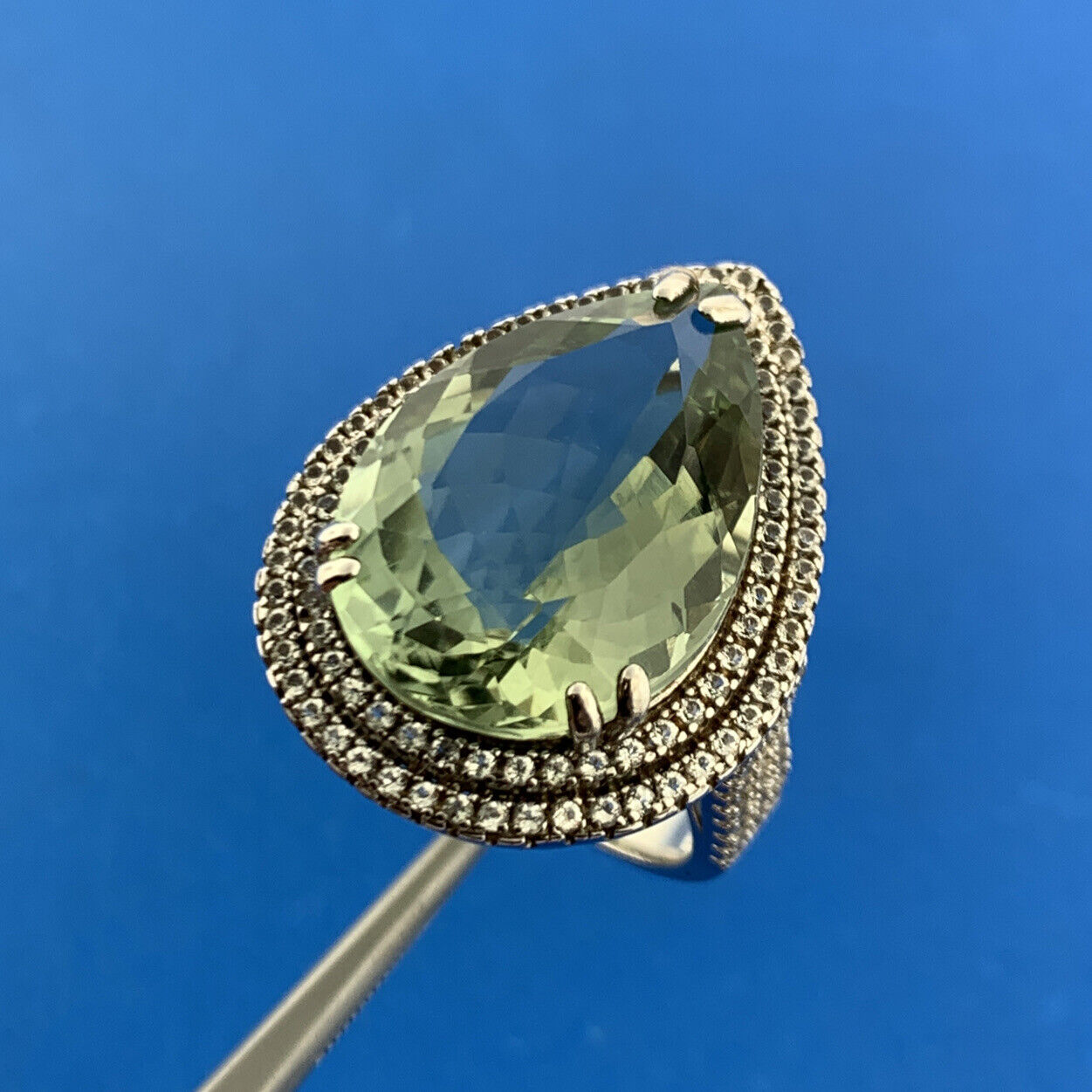 Designer 925 Sterling Silver Green Amethyst Diamond Halo Statement Cocktail Ring