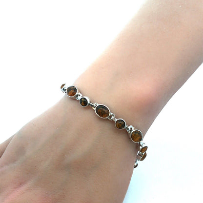 Vintage 925 Sterling Silver Oval Round Cabochon Amber Tennis Bracelet