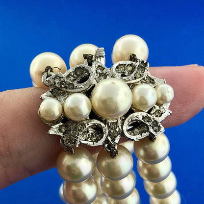 Vintage Silver Tone Hand Knotted Faux Pearl Rhinestone 3 Row Tennis Bracelet