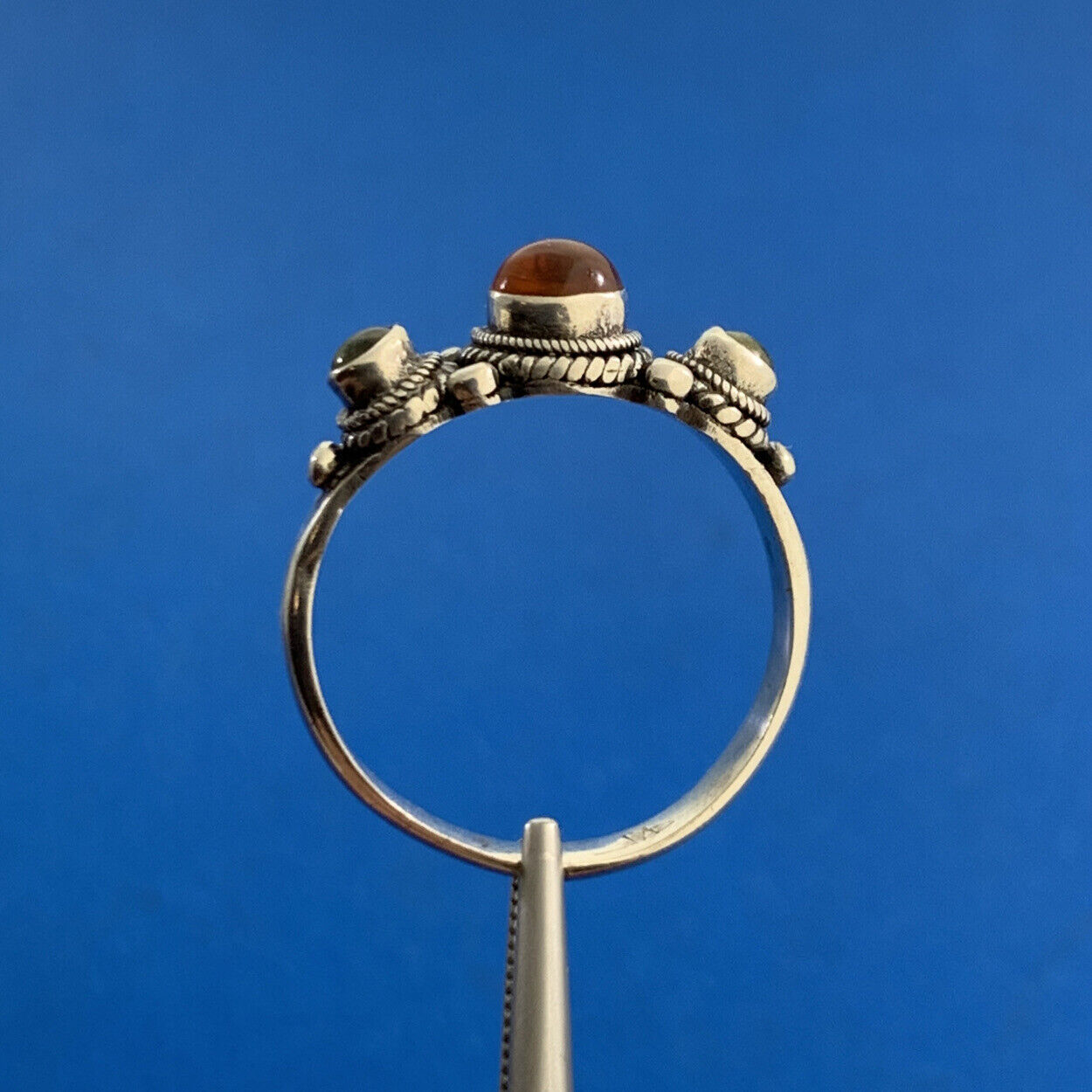 Estate 925 Sterling Silver Amber Peridot Accented Balinese Style Size 8 Ring