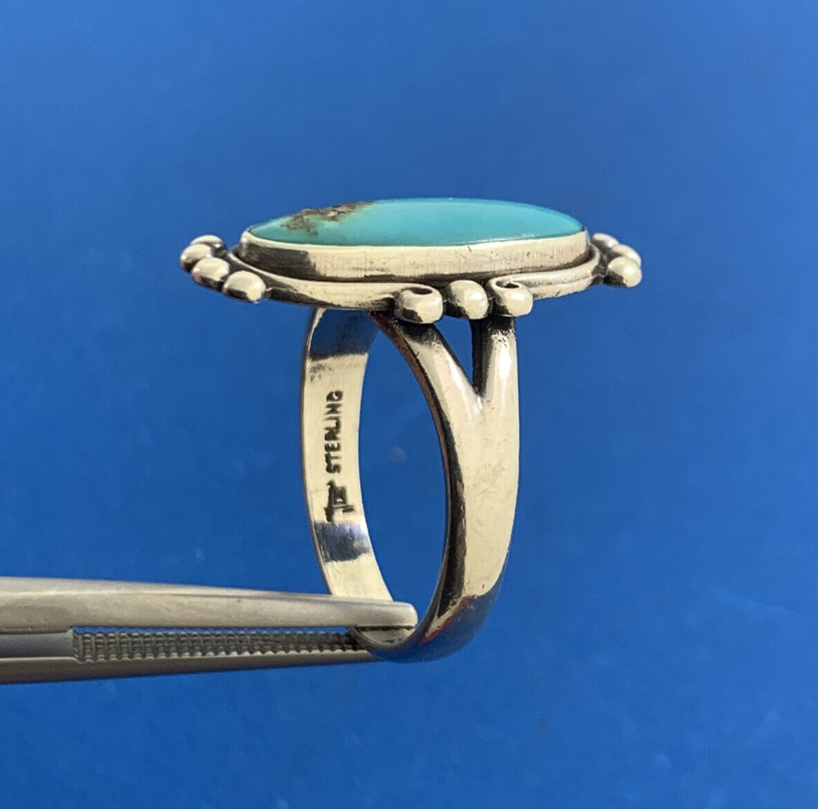 Native American Signed 925 Sterling Silver Oval Turquoise Ring