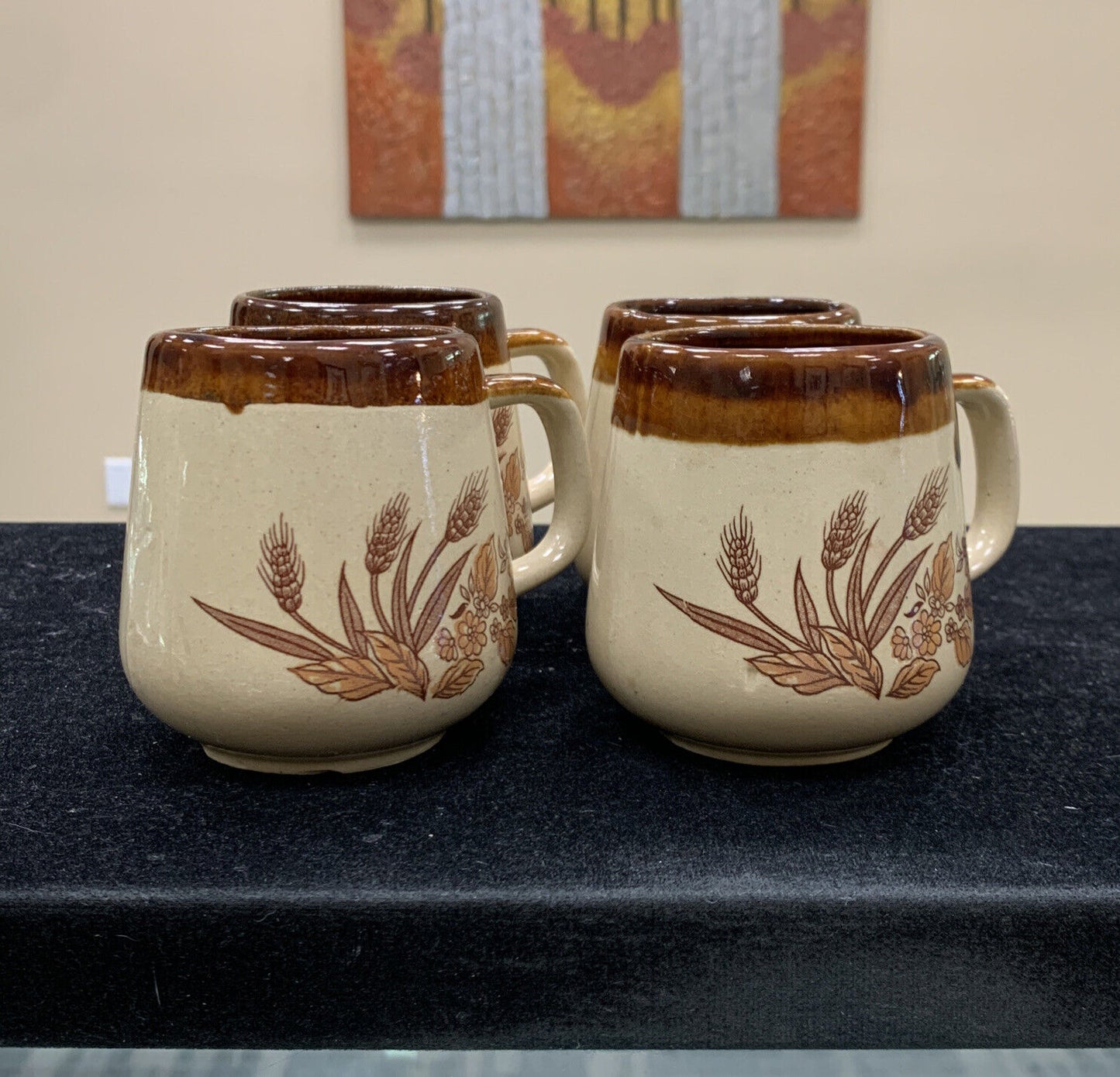Mid Century Brown Drip Glaze Ceramic Pottery Floral Handled Set Of 4 Coffee Mugs