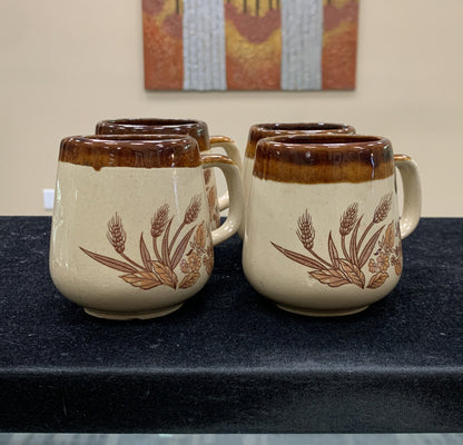 Mid Century Brown Drip Glaze Ceramic Pottery Floral Handled Set Of 4 Coffee Mugs