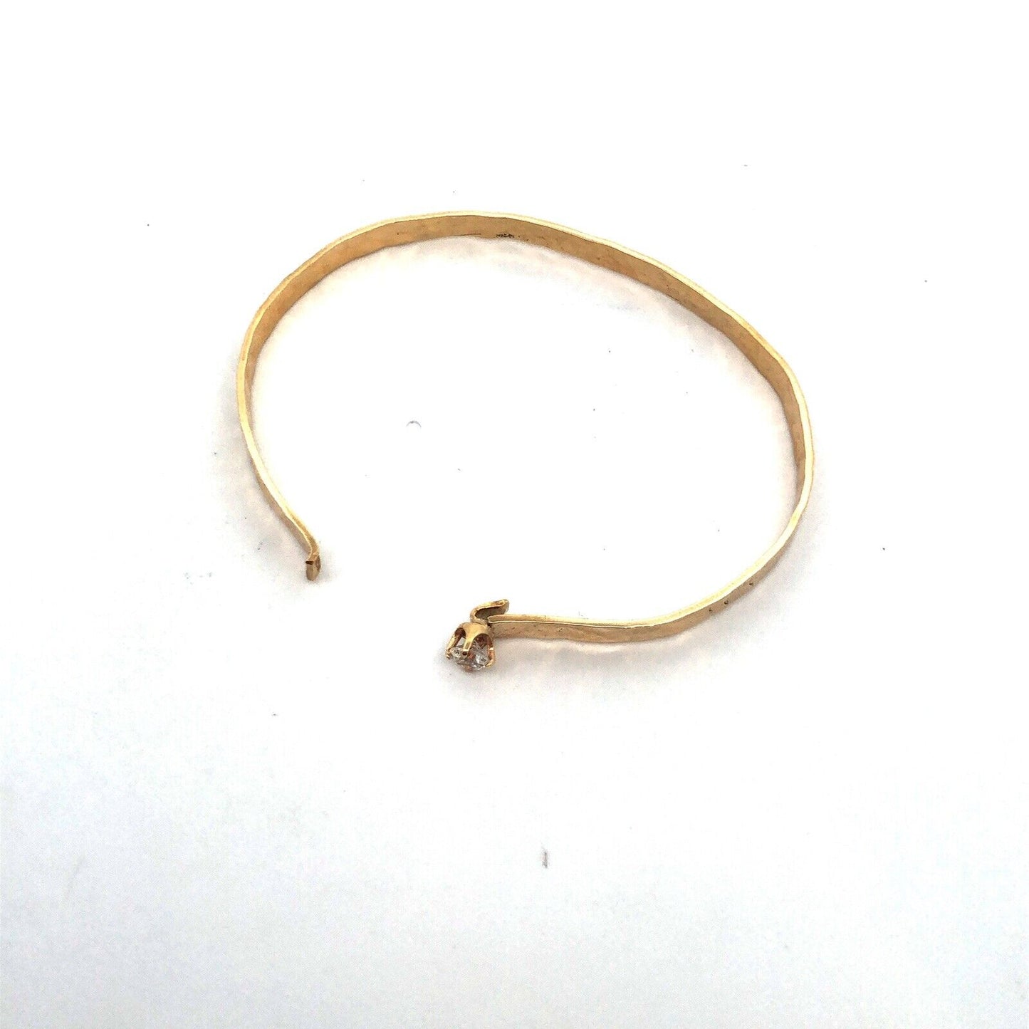 Modernist 14K Yellow Gold Hammered Textured Cubic Zirconia Oval Bangle Bracelet