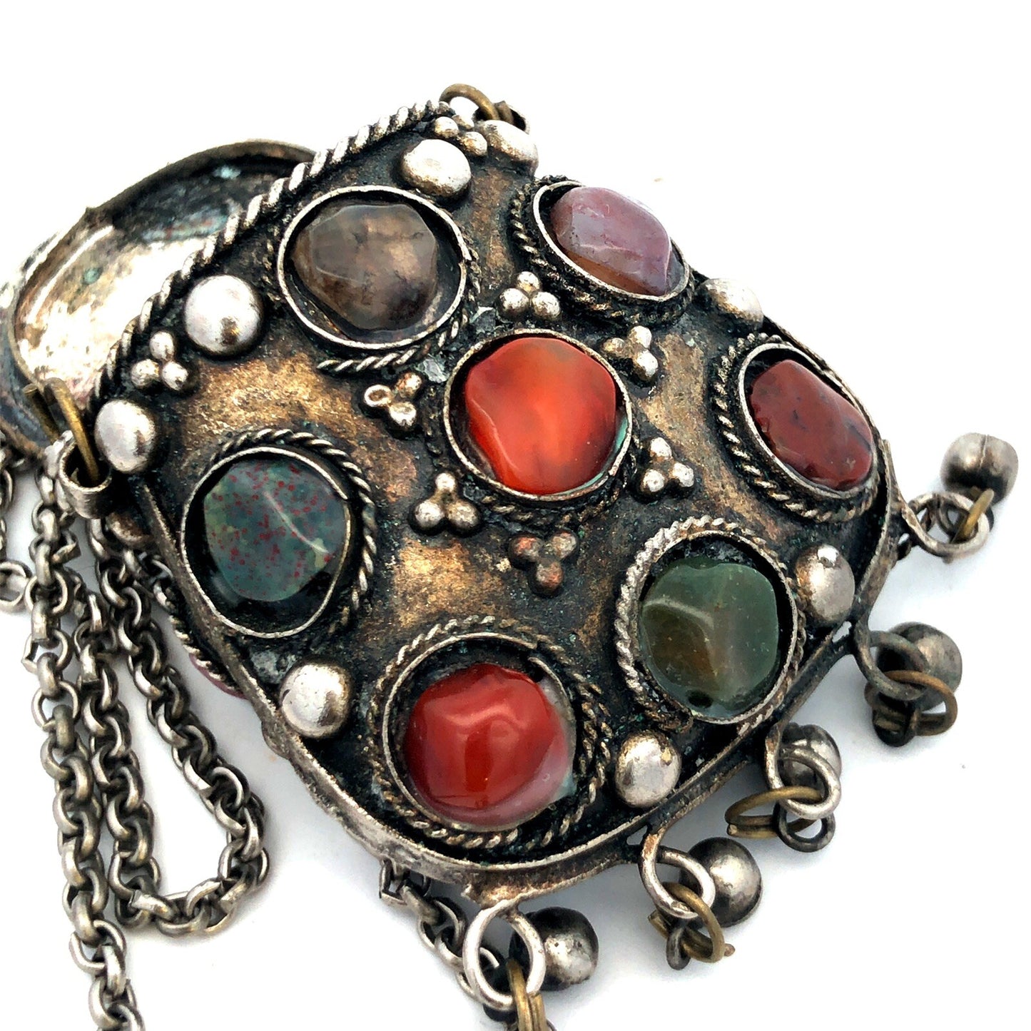 Vintage Sajai Metal Mixed Gemstone Silver Tone Prayer Box Coin Purse Necklace
