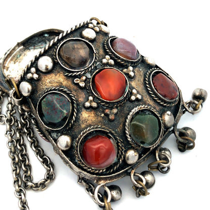 Vintage Sajai Metal Mixed Gemstone Silver Tone Prayer Box Coin Purse Necklace