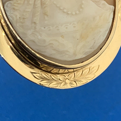 14K Yellow Gold Carved Oval Cameo Statement Brooch Pendant