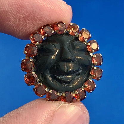 Art Deco Unusual 10K Yellow Gold Citrine Halo Carved Black Resin Cameo Pendant