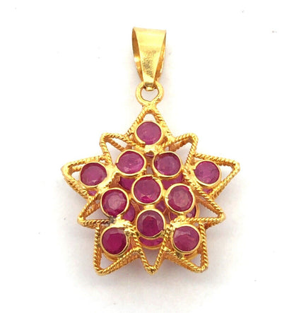 Designer 18K Yellow Gold Round Ruby Cluster Star Snowflake Pendant