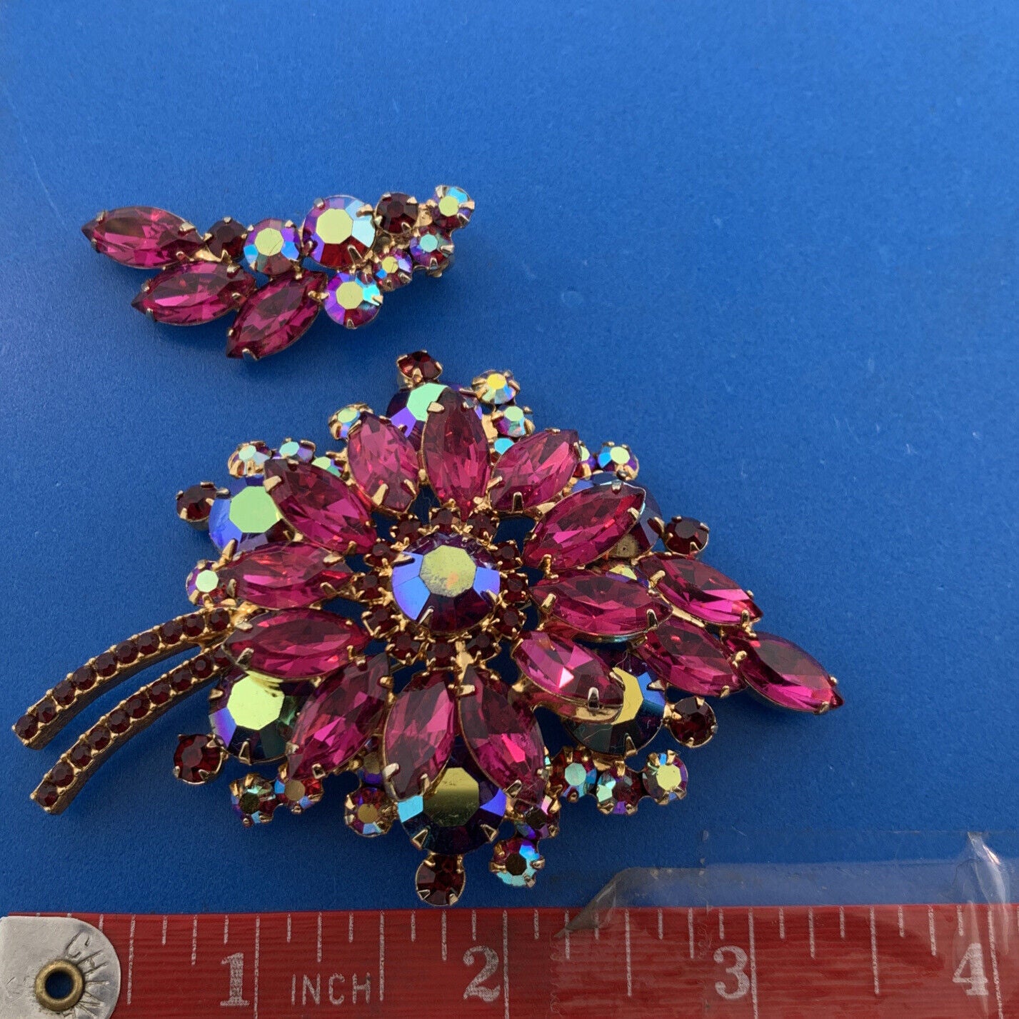 Fabulous Vintage Pink Aurora Borealis Rhinestone Statement Brooch/Earrings Set