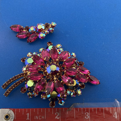 Fabulous Vintage Pink Aurora Borealis Rhinestone Statement Brooch/Earrings Set