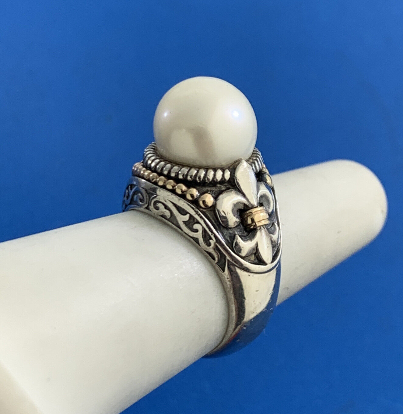 Designer 925 Sterling Silver 14K Yellow Gold Pearl Fleur De Lis Statement Ring