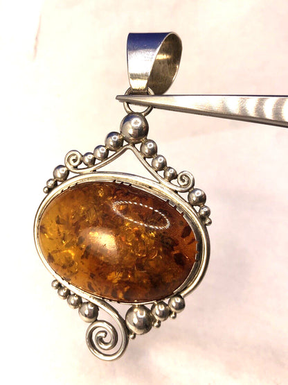 Vintage 925 Sterling Silver Oval Amber Open Scroll Statement Pendant
