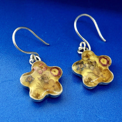 Designer ATI Mexico Sterling Silver 925 Amber Fossil Floral Drop Earrings