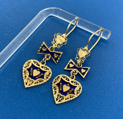 Designer ARR 14K Yellow Gold Blue Red Green Enamel Heart Dangle Drop Earrings