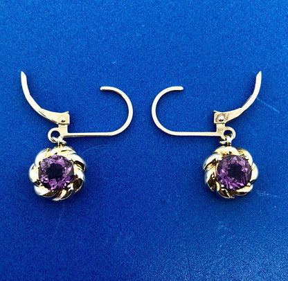 Designer Sterling Silver 925 Amethyst Flower Twist February Dangle Earrings