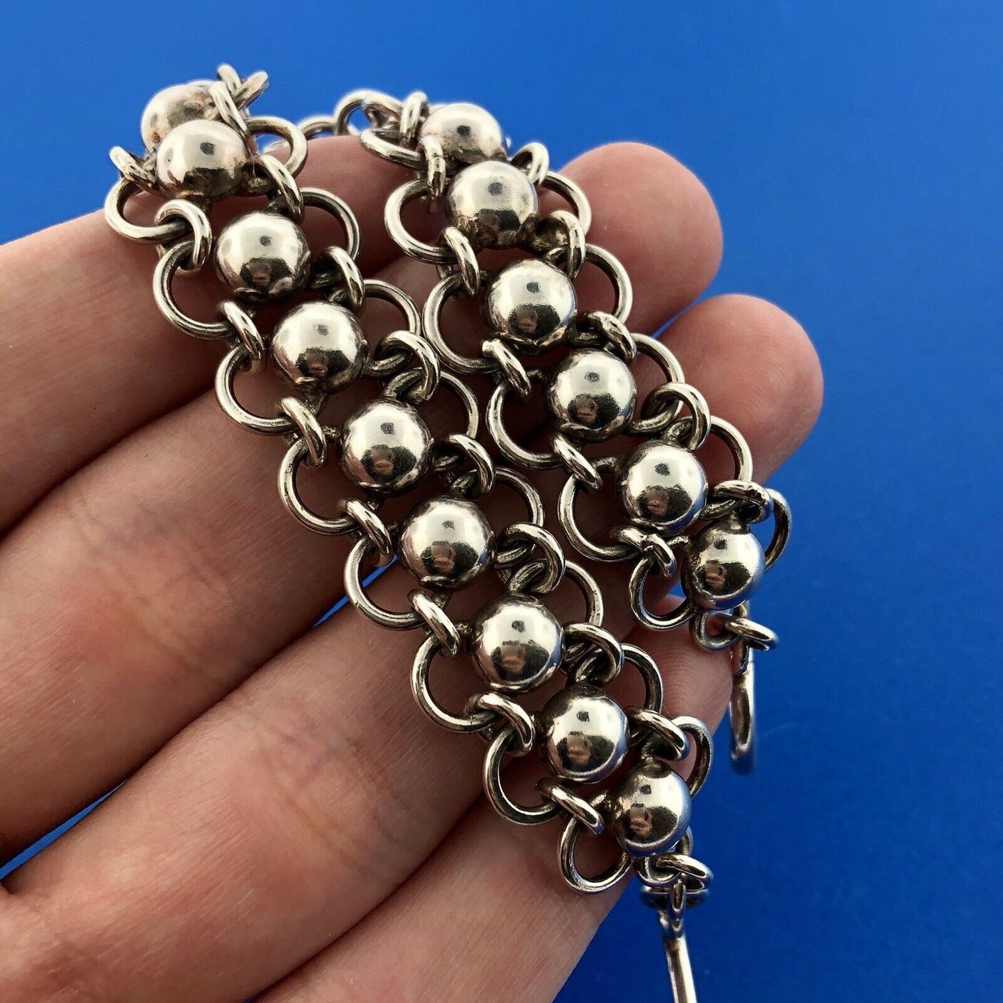 Vintage Sterling Silver 925 Bead Ball Open Work Statement Toggle Bracelet