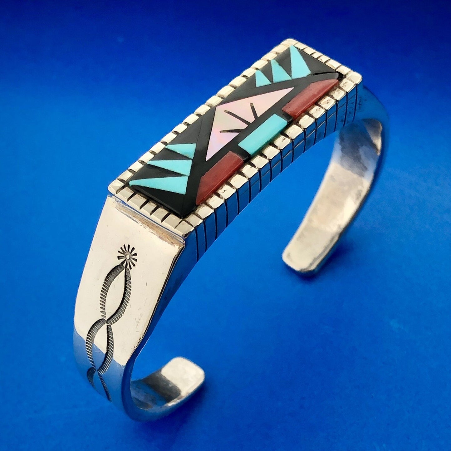 Rare Kee Montoya Navajo Sterling Silver Multi Gem Inlay Statement Cuff Bracelet