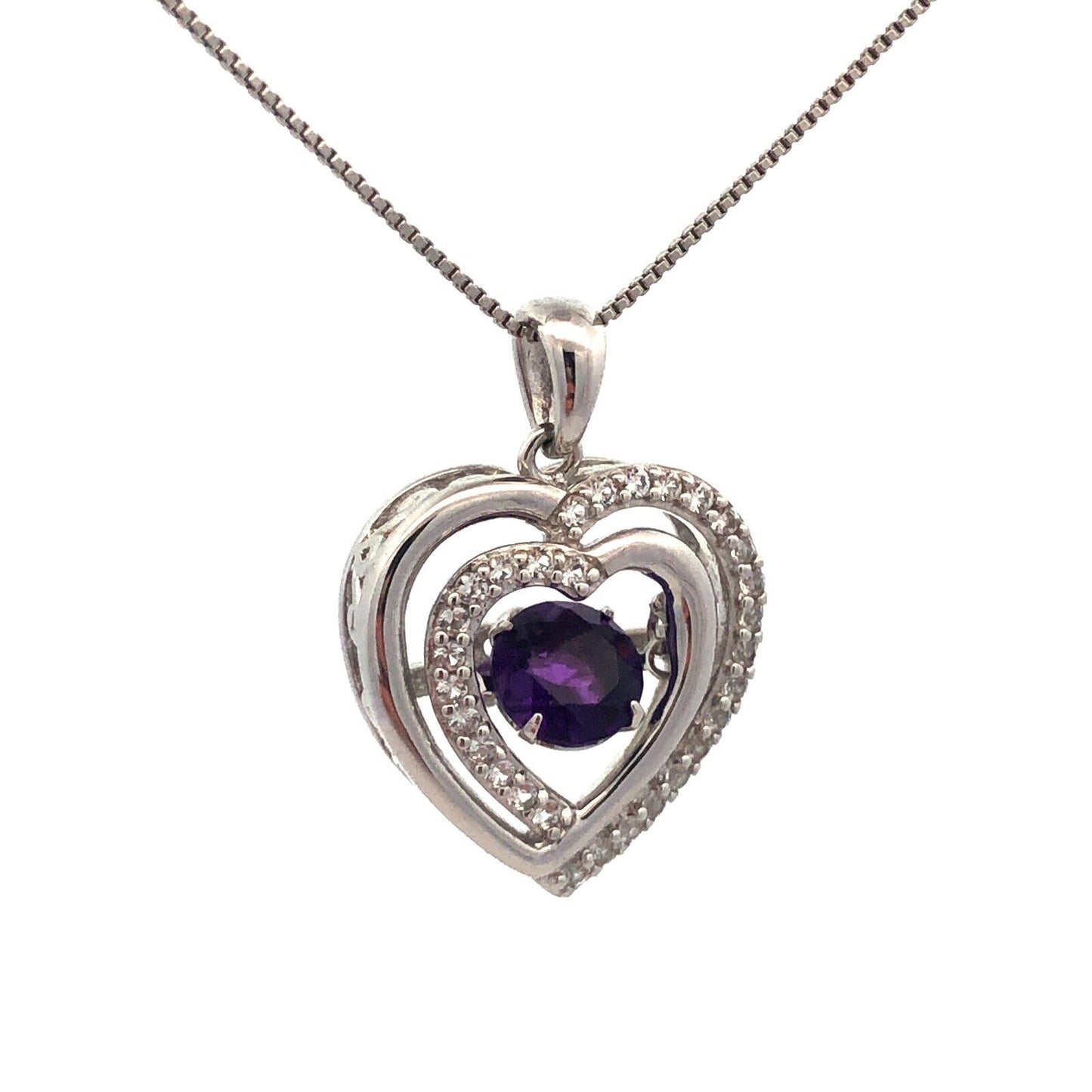 Designer  925 Sterling Silver Round Amethyst White Topaz Heart Pendant Necklace