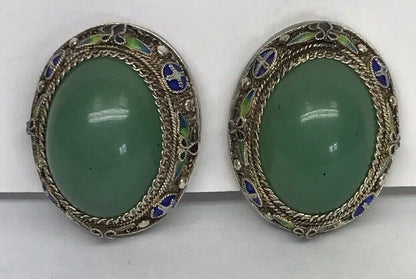 Vintage Artisan Sterling Silver Jade Cloisonne Filigree Statement Clip Earrings