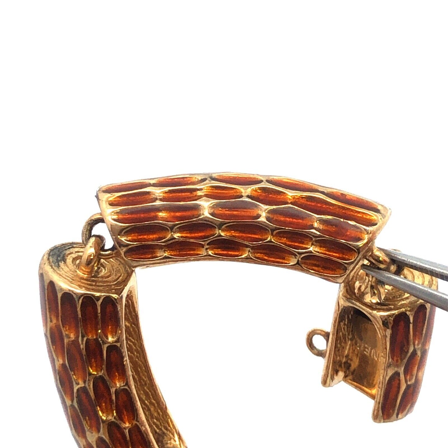 Vintage CINER Gold Tone Brown Enamel Woodsy Log Station High Gloss Cuff Bracelet