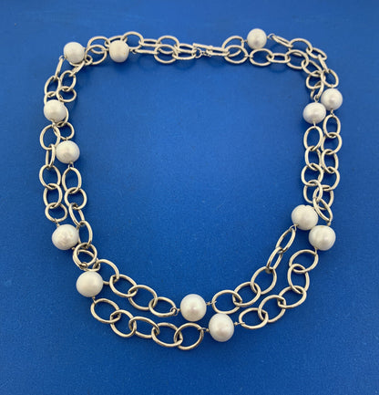 925 Sterling Silver Baroque Pearl Oval Link Double Chain Toggle Necklace