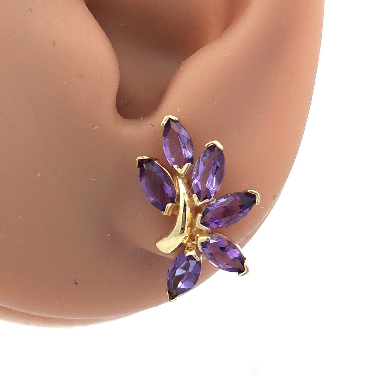 Designer TK 14K Yellow Gold Marquise Amethyst Floral Statement Stud Earrings