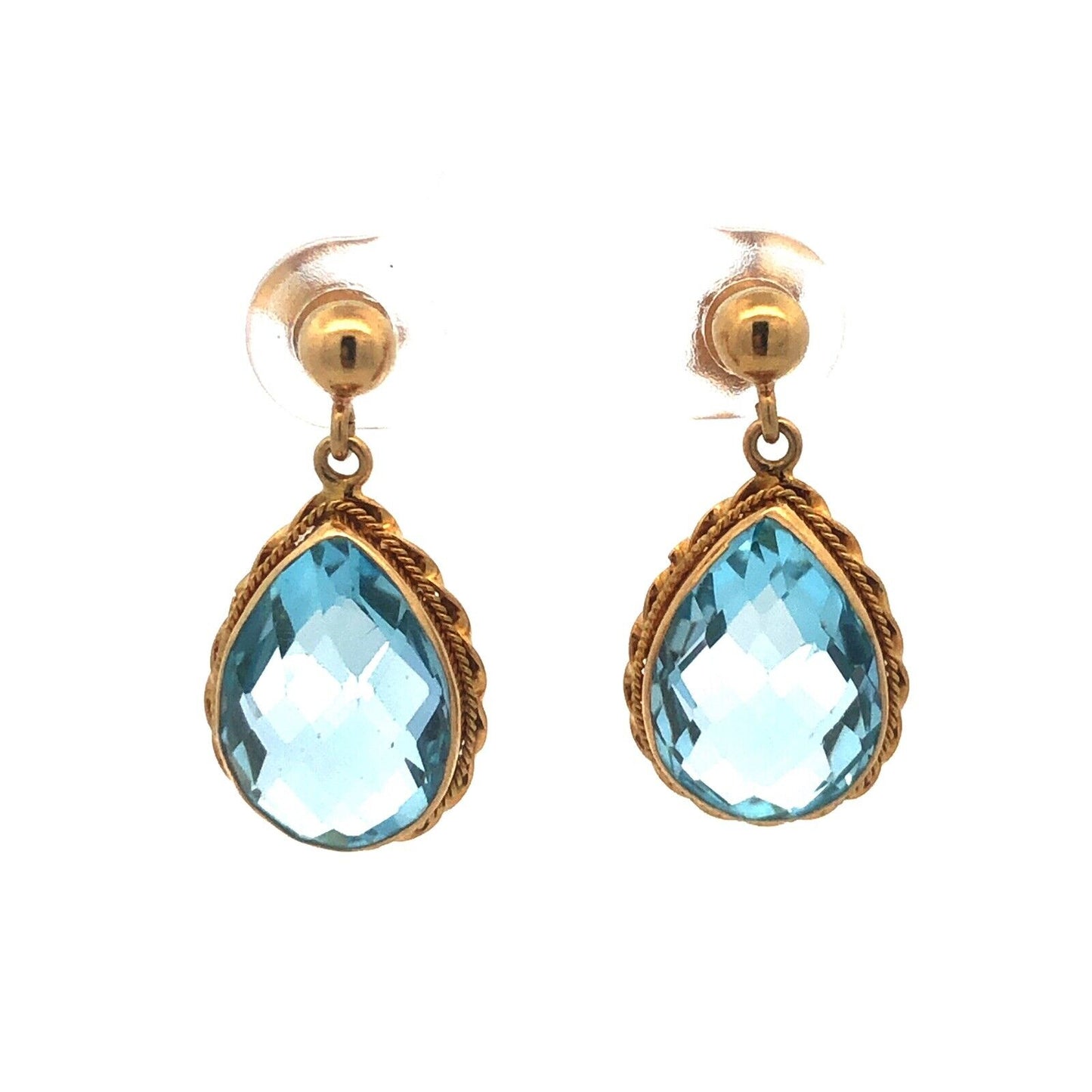 Designer Italy 18K Yellow Gold Pear Cushion Cut Blue Topaz Dangle Drop Earrings