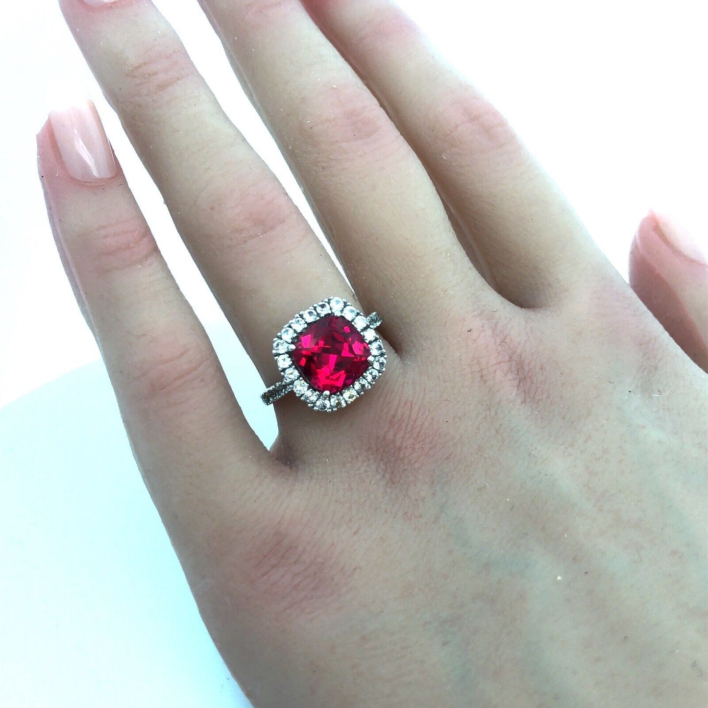 10k White Gold Lab Created Ruby Diamond Halo Engagement Anniversary Ring