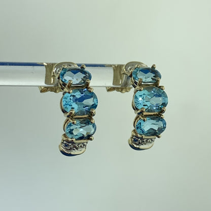 Designer 10K Yellow Gold Oval Blue Topaz Diamond Accented Half Hoop Earrings