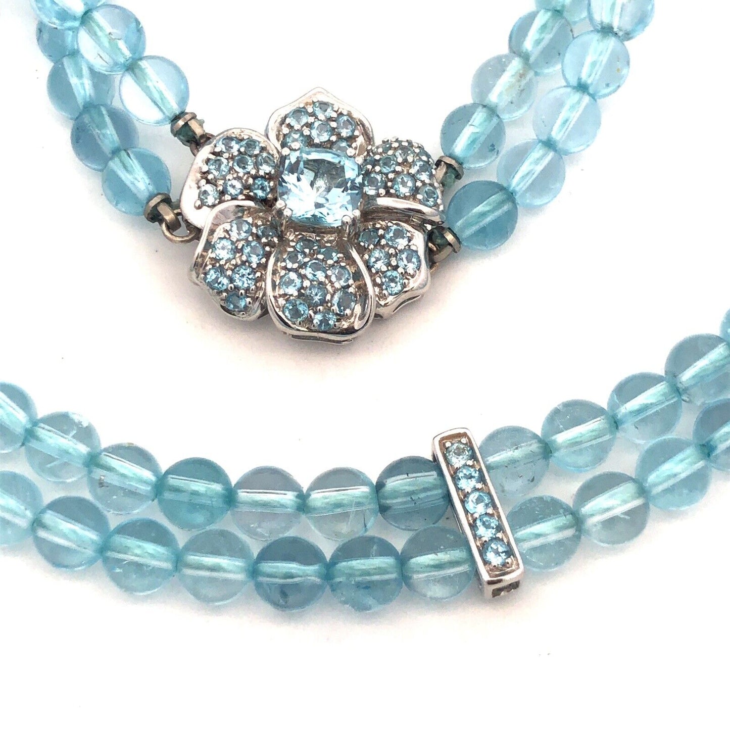 Gorgeous 14k White Gold Blue Topaz Poppy Flower Statement 18.5" Bead Necklace