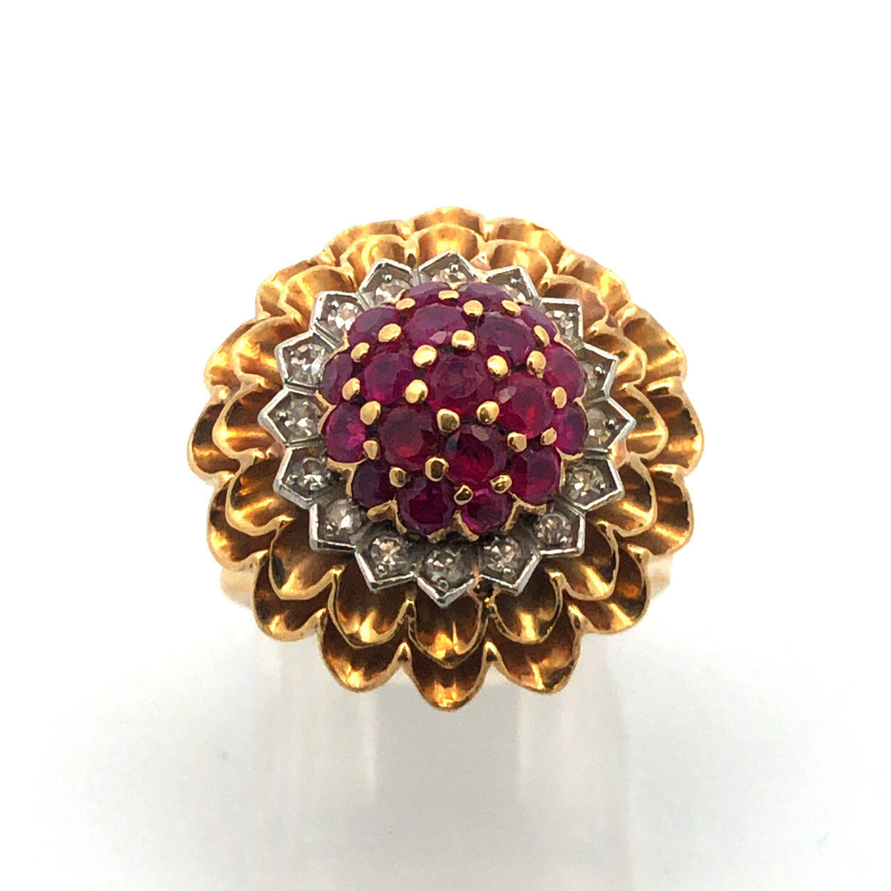 Vintage Artisan 18 Yellow Gold Ruby Diamond Cluster Dome Statement Cocktail Ring