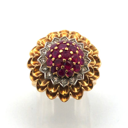 Vintage Artisan 18 Yellow Gold Ruby Diamond Cluster Dome Statement Cocktail Ring