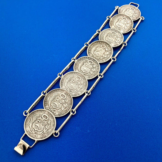 Vintage 925 Sterling Silver 900 Fine Peru 1/5 Sol Eight Coin Panel Bracelet