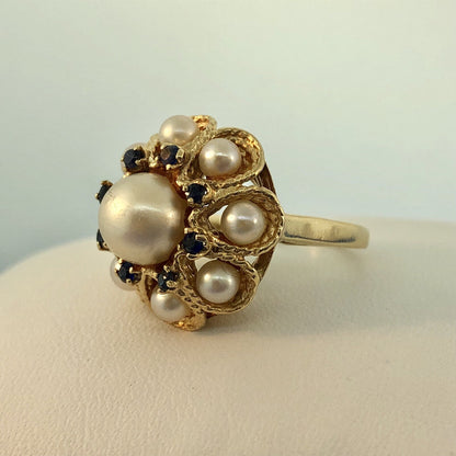 Vintage 14K Yellow Gold Pearl Sapphire Princess Style Cocktail Ring