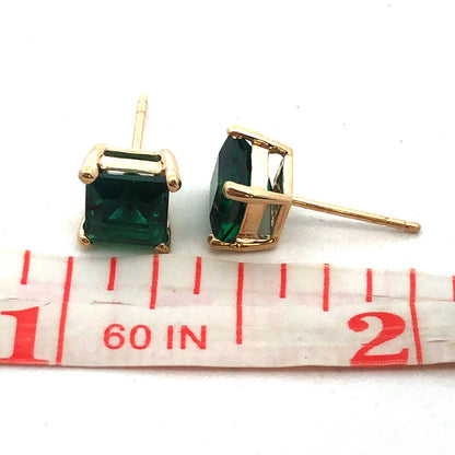 Designer 10K Yellow Gold Square Princess Cut Green Tourmaline Stud Earrings