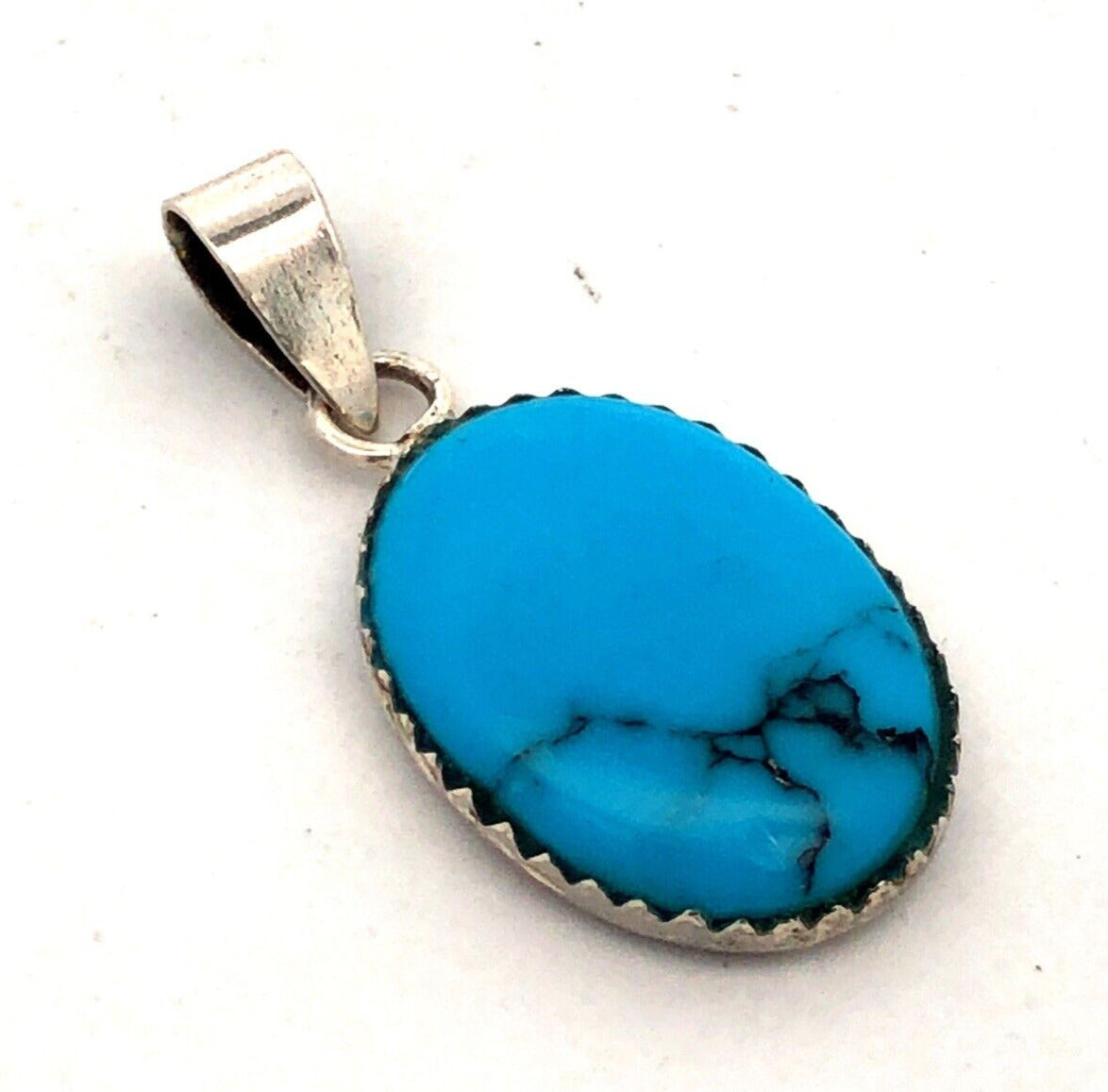 Estate 925 Sterling Silver Oval Turquoise Cabochon Solitaire Pendant