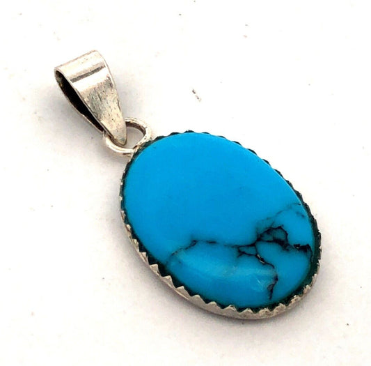 Estate 925 Sterling Silver Oval Turquoise Cabochon Solitaire Pendant