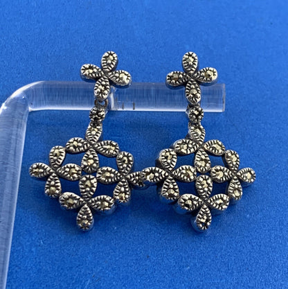 Designer 925 Sterling Silver Marcasite Flower Drop Dangle Stud Earrings